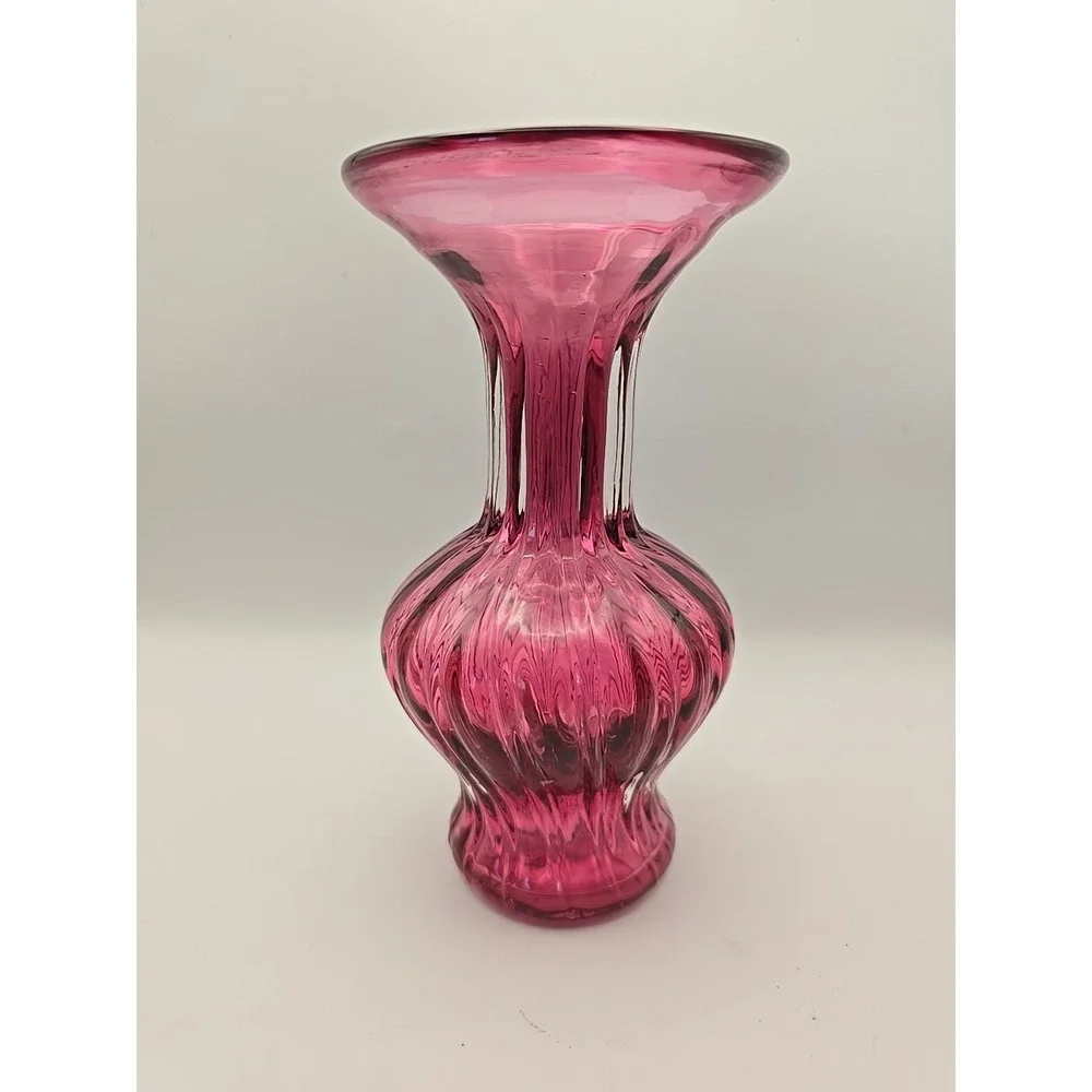 Pilgrim Cranberry Glass Vase Hand Blown‎ Ribbed Flared Flower Vase 5.5